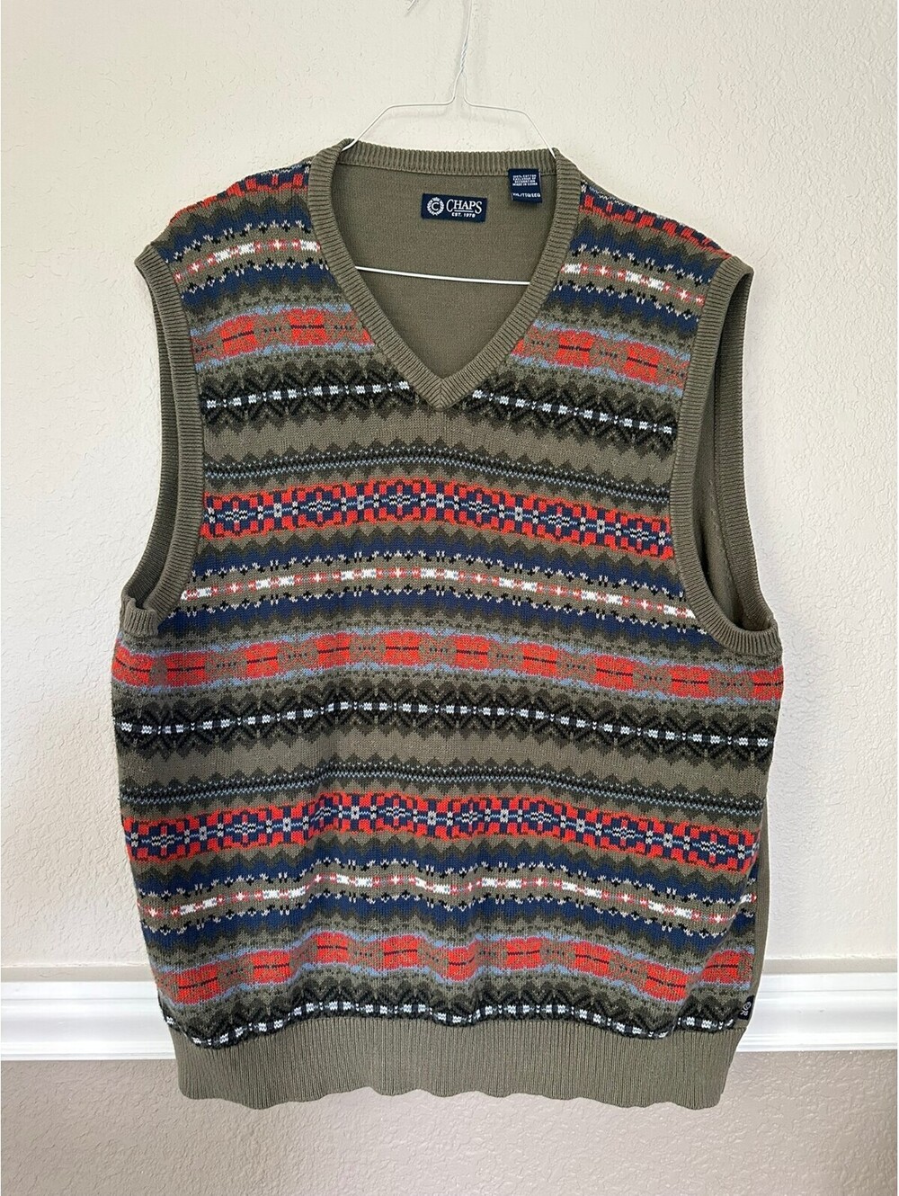 Chaps Mens XXL Sweater Vest Olive Green Fair Isle V-Neck 100% Cotton Knit
